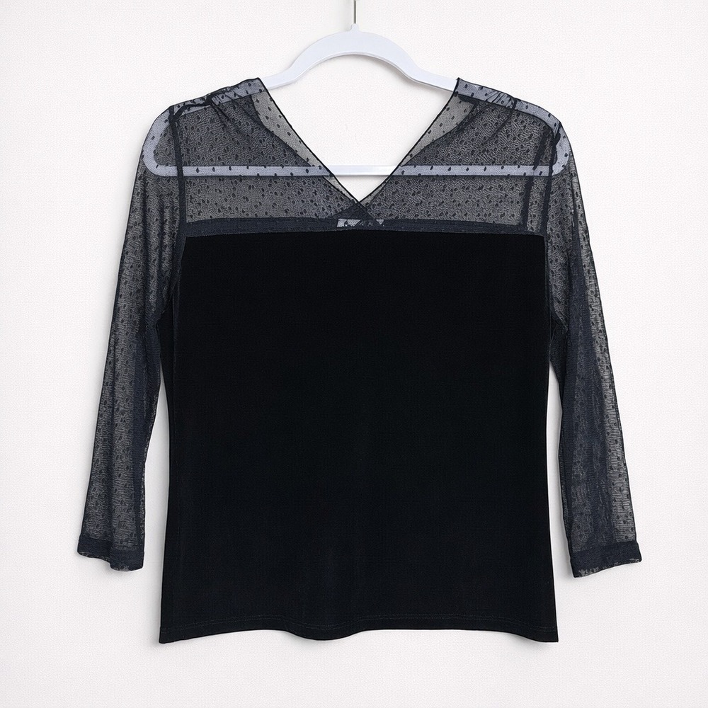Vintage Black Velvet Mesh Sleeve Polka Dot V Neck Top M Whimsigoth Parisian Goth